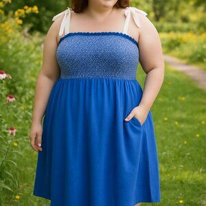 Plus Size 2xl Royal Blue Midi Smocked Dress Bow Tie Straps Linen Blend Pocket